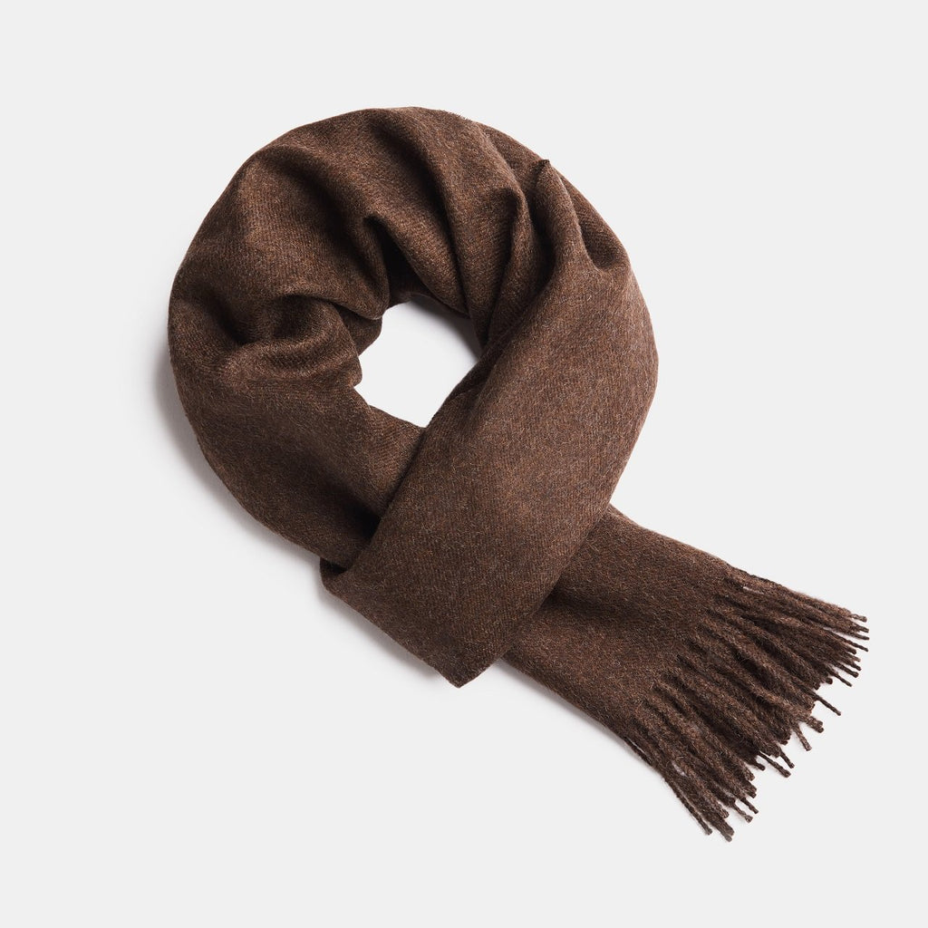 20. Dark brown Alpaka baby alpaca wool scarf with fringe detail in flat lay