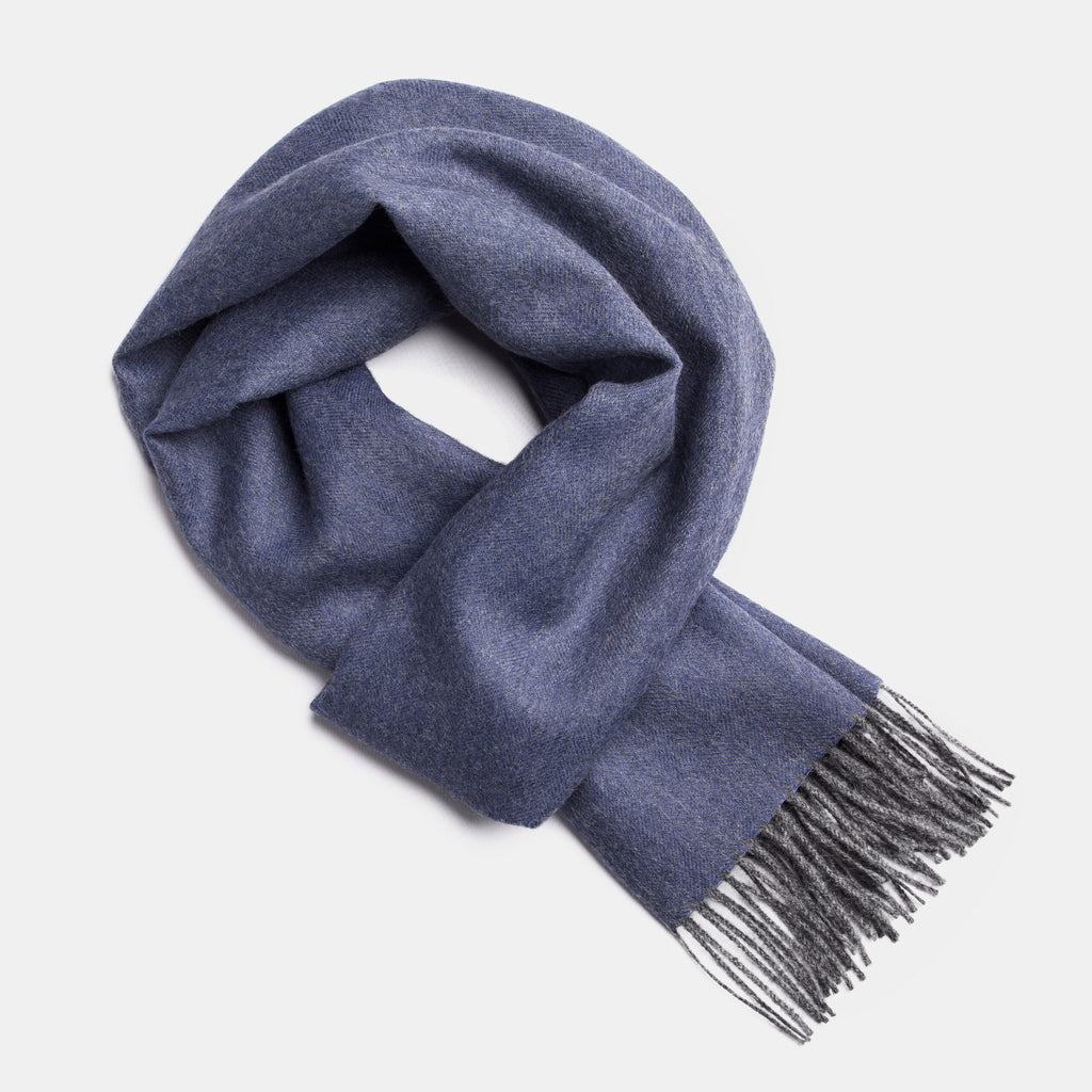 13. Studio image of Alpaka natural baby alpaca wool scarf in grey with fringe detail