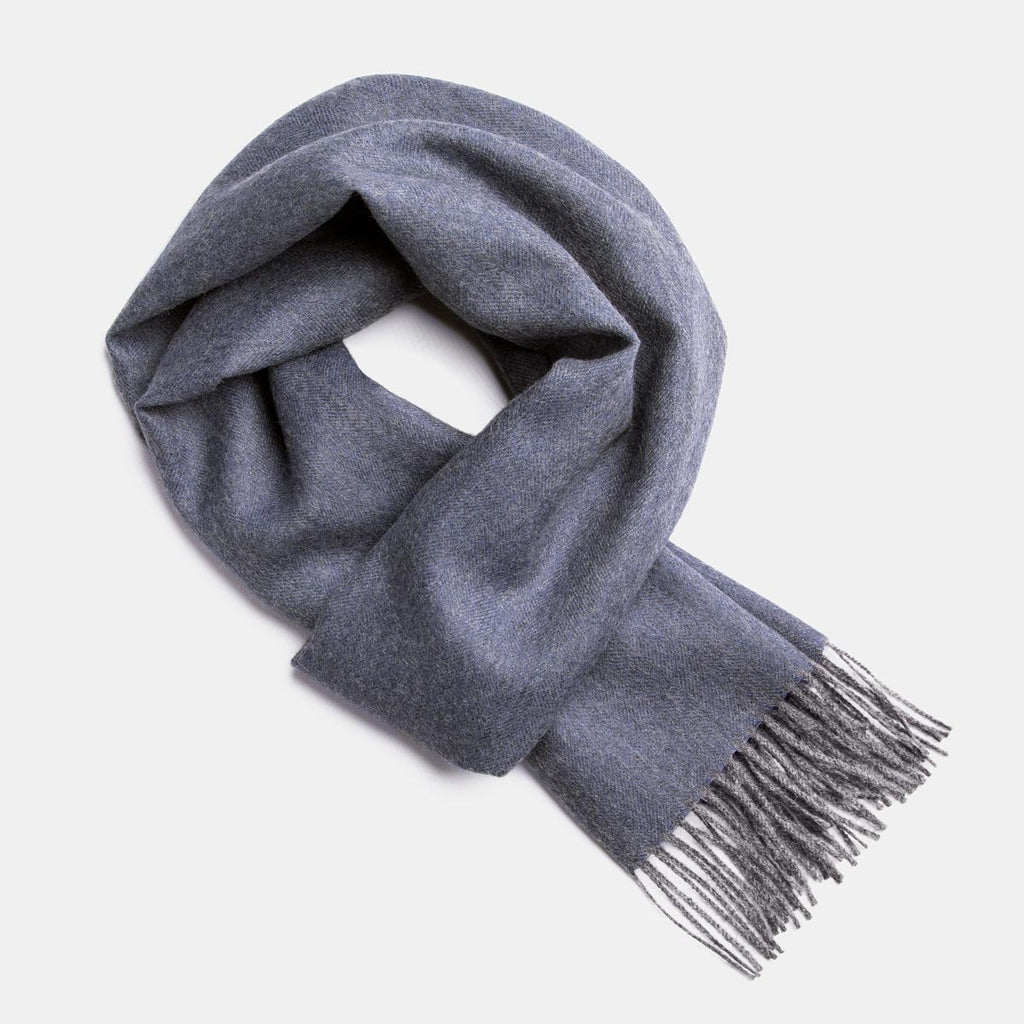 10. Studio image of Alpaka natural baby alpaca wool scarf in grey with fringe detail