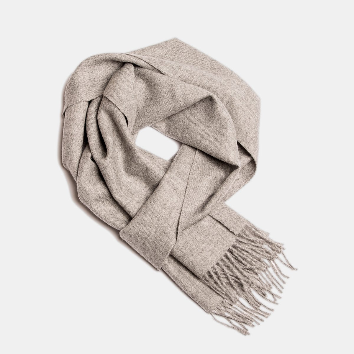 19. Light grey Alpaka baby alpaca wool scarf with fringe detail in flat lay
