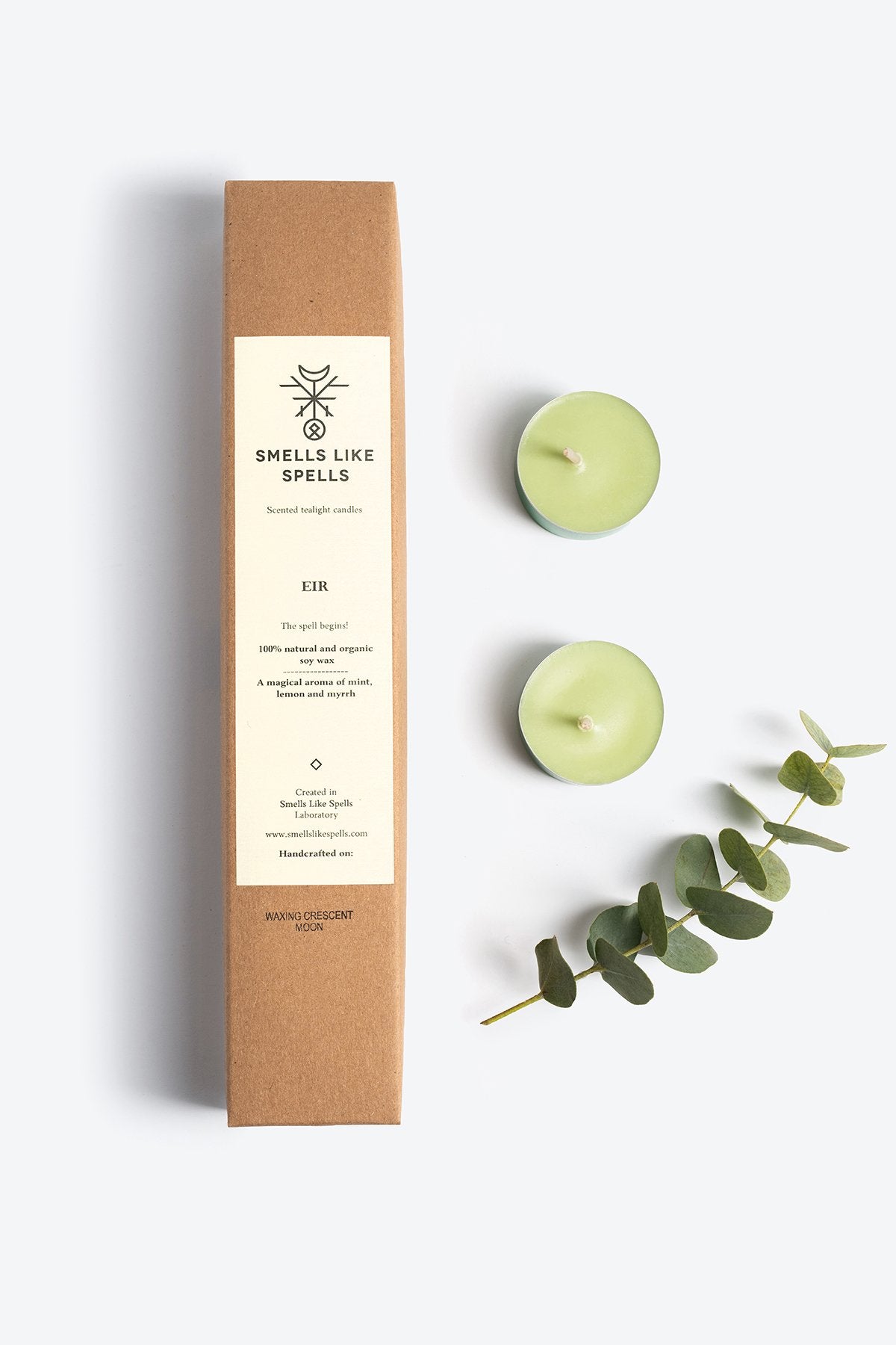 1. Smells Like Spells Scented Tealight Candles EIR with mint, lime, and myrrh, shown with packaging and eucalyptus sprig