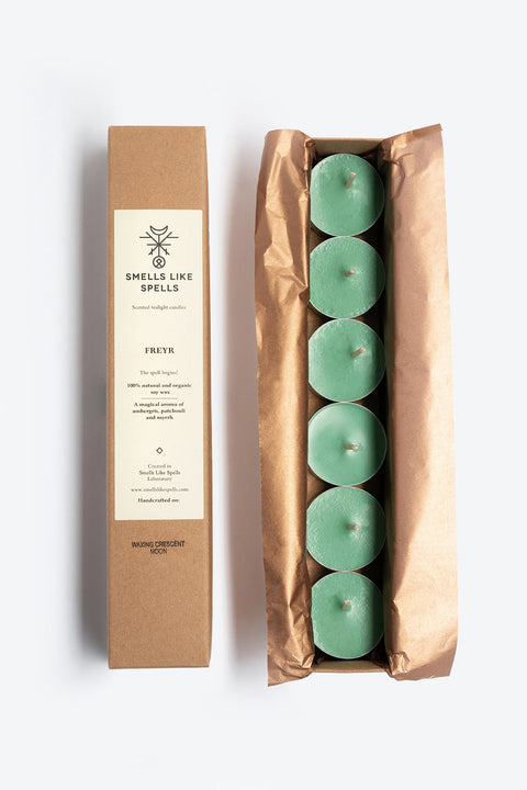 1. Smells Like Spells Scented Tealight Candles FREYR in eco-friendly packaging, showcasing five green soy-wax candles