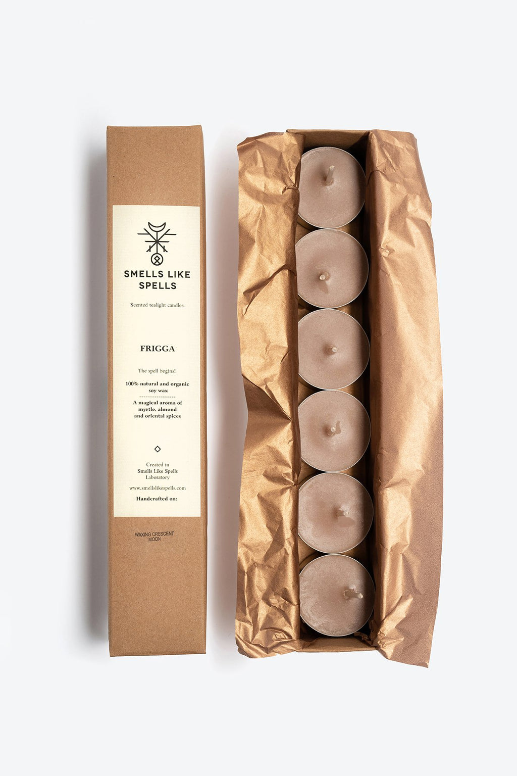 3. Smells Like Spells FRIGGA tealight candles in open packaging, showcasing six soy-wax candles for a cozy atmosphere