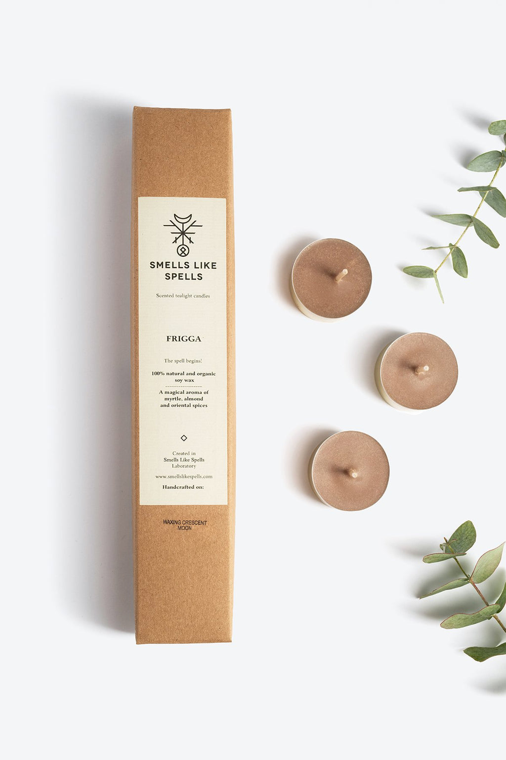 1. Smells Like Spells FRIGGA scented tealight candles in packaging with three candles displayed, enhancing home ambiance