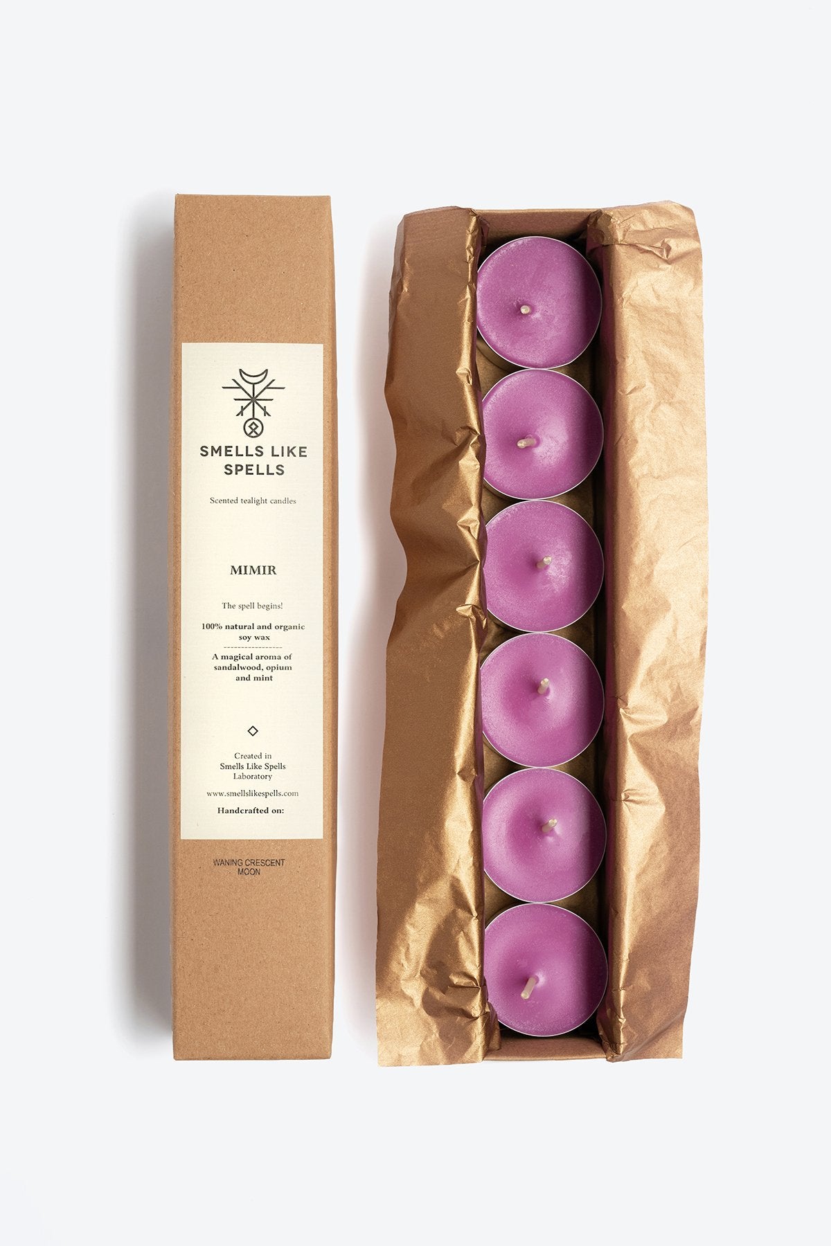 1. Smells Like Spells MIMIR scented tealight candles set of 6 in eco-friendly packaging, showcasing purple soy wax candles