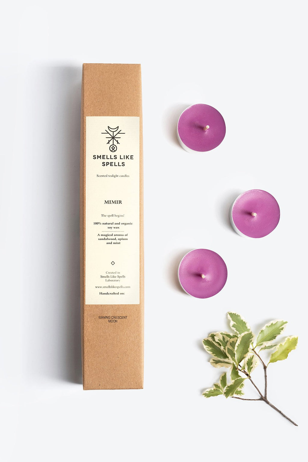 2. Smells Like Spells MIMIR purple scented tealight candles with packaging and green leaves, highlighting soy wax and essential oils