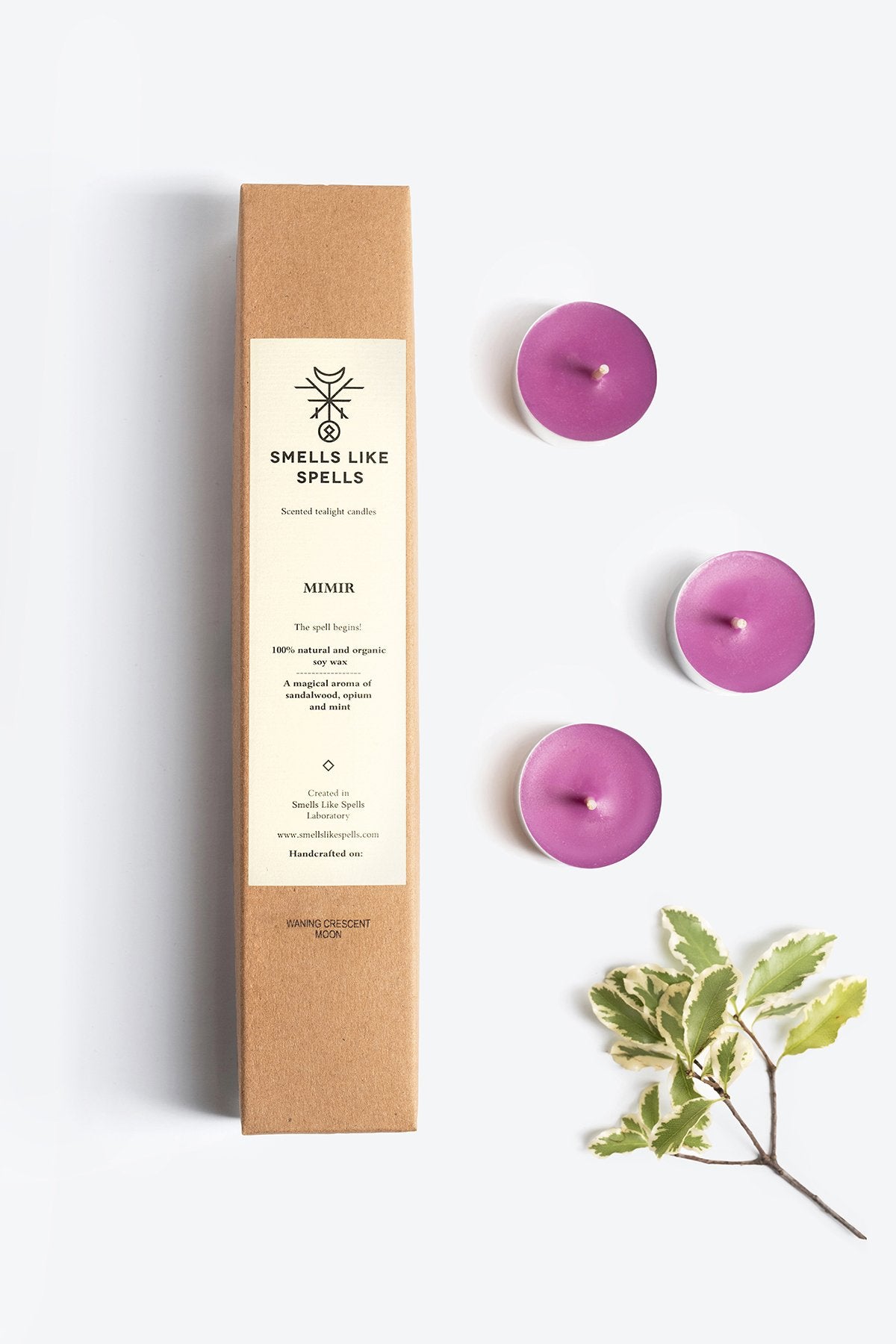 2. Smells Like Spells MIMIR purple scented tealight candles with packaging and green leaves, highlighting soy wax and essential oils