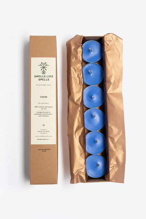 3. Unwrapped Smells Like Spells Scented Tealight Candles THOR in blue, showcasing soy wax and cotton-paper wick