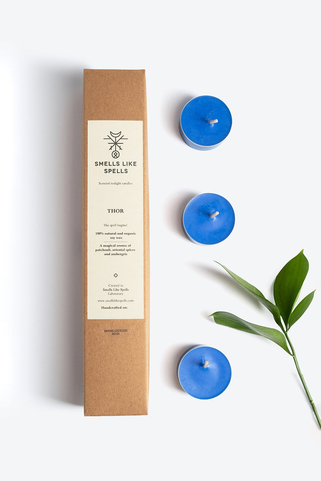 2. Smells Like Spells Scented Tealight Candles THOR in blue, displayed with eco-friendly packaging and foliage