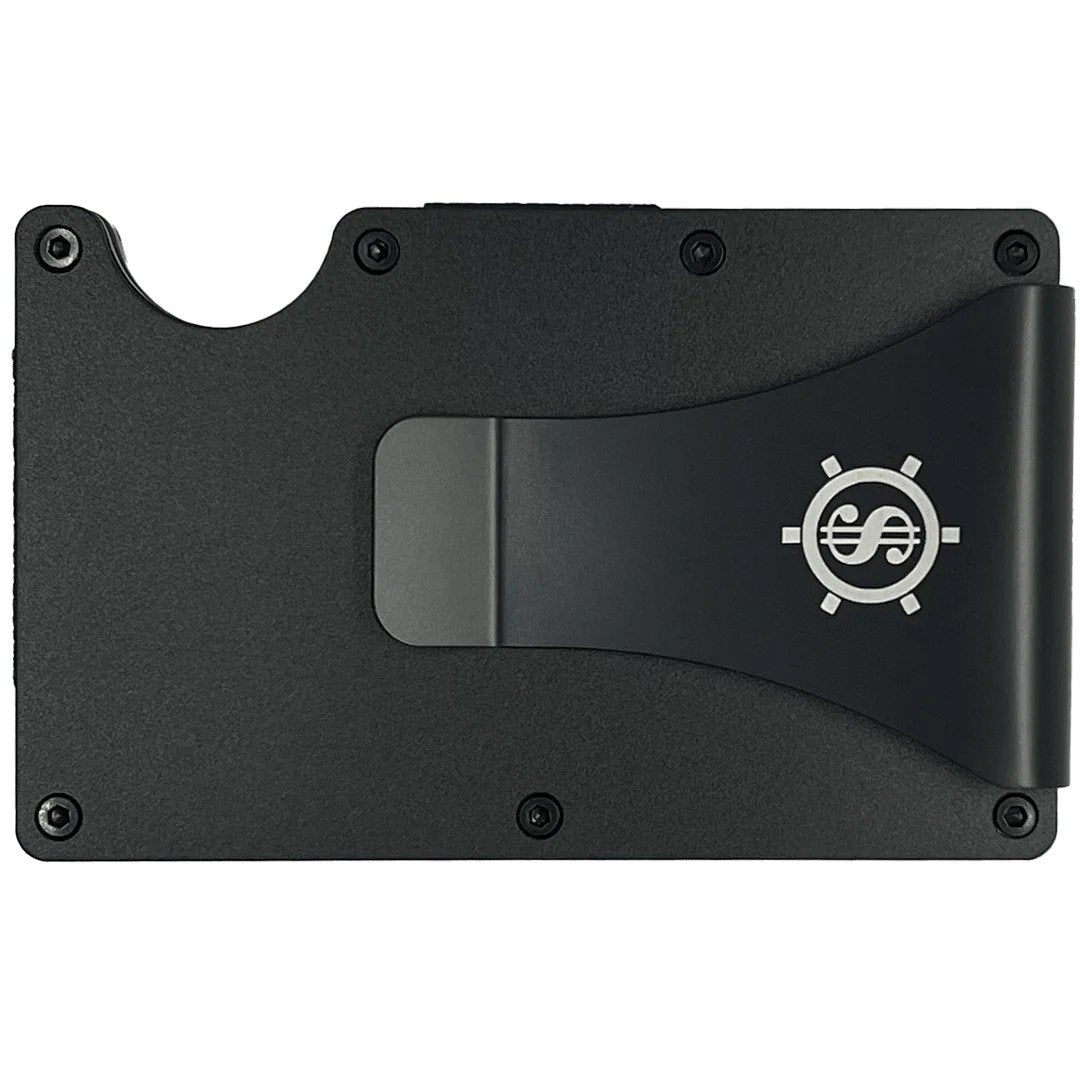 2. Black Seif Design cardholder with metal clip and logo, shown in studio lighting