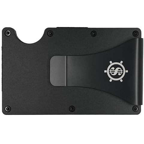 2. Black Seif Design cardholder with metal clip and logo, shown in studio lighting