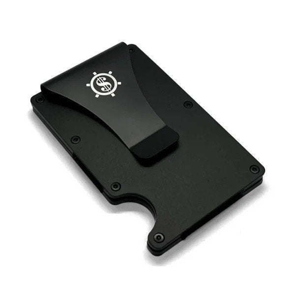 3. Angled view of black Seif Design cardholder with metal clip and logo, highlighting minimalist design
