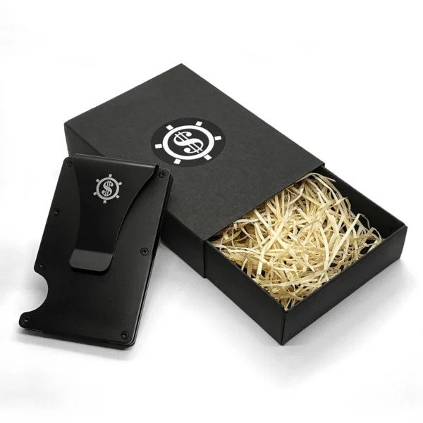 1. Black Seif Design cardholder with RFID blocking, shown with eco-friendly packaging featuring shredded paper filling
