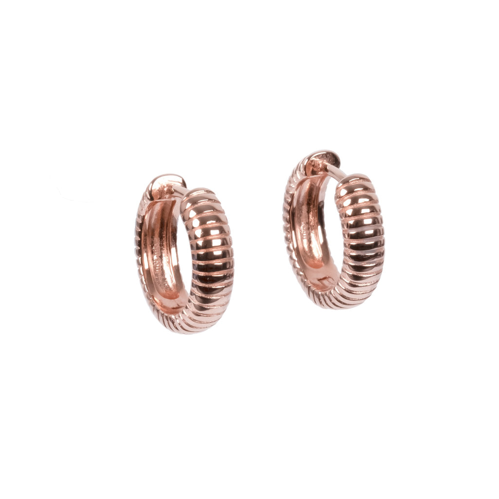 2. MyaMoon Serena Hoopy Earrings in rose gold, featuring ribbed texture and elegant finish, studio shot