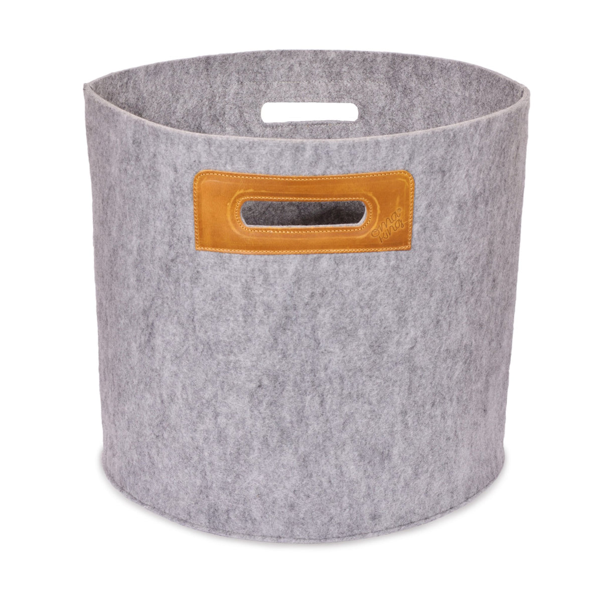 1. Omaking grey felt basket with cognac leather handle, showcasing sturdy construction and versatile design, studio setting