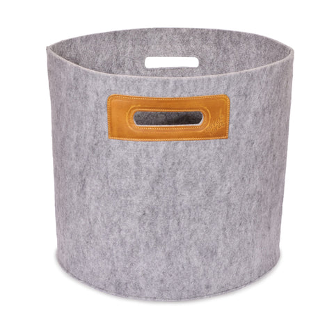 1. Omaking grey felt basket with cognac leather handle, showcasing sturdy construction and versatile design, studio setting