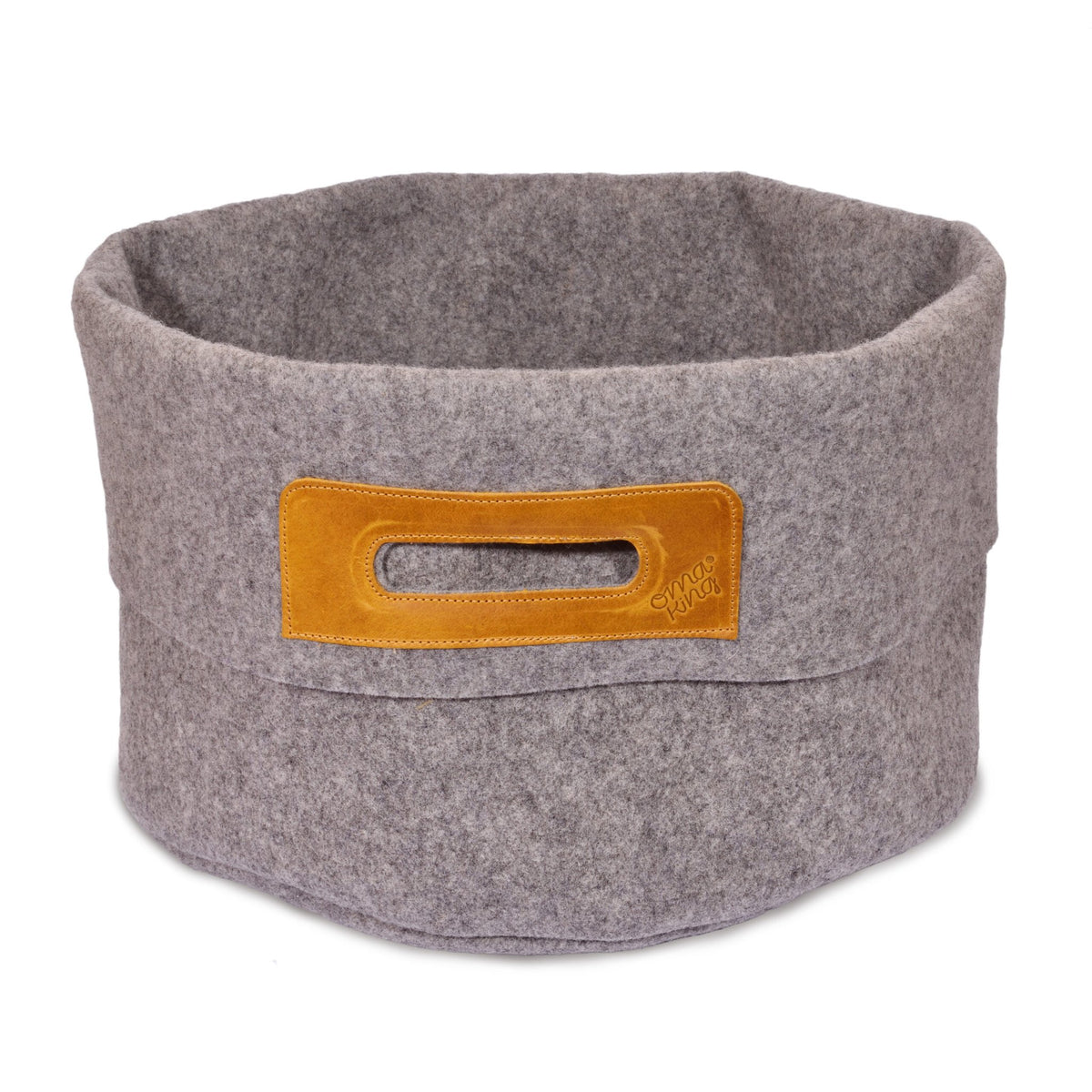 1. Omaking grey wool felt basket with cognac leather handle, showcasing sturdy design and generous capacity, studio shot