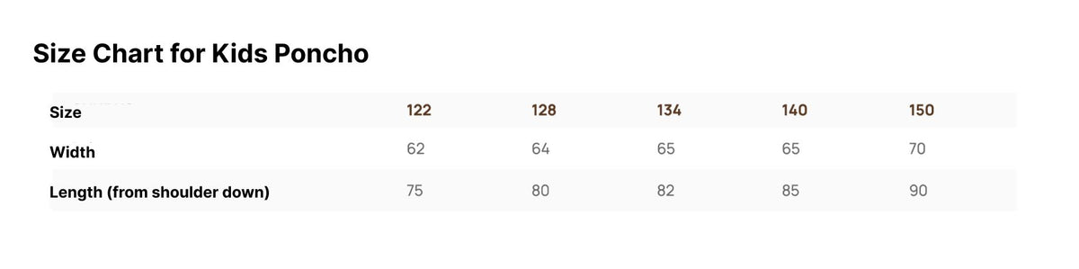 9. Size chart for RÄTT kids poncho, showing sizes 122 to 150