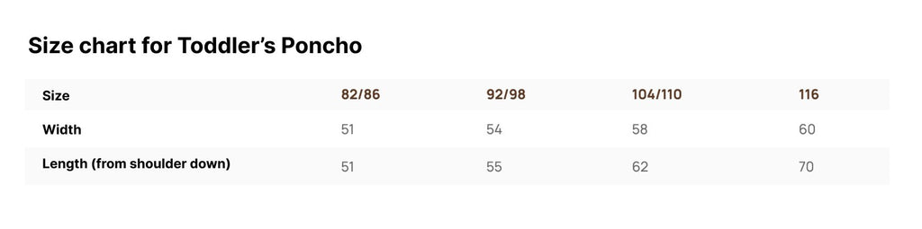 3. Size chart for RÄTT toddler's poncho, showing measurements for sizes 82/86 to 116