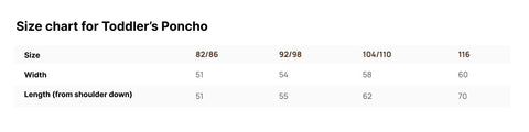 3. Size chart for RÄTT Toddler's Poncho showing sizes 82/86 to 116 with width and length measurements