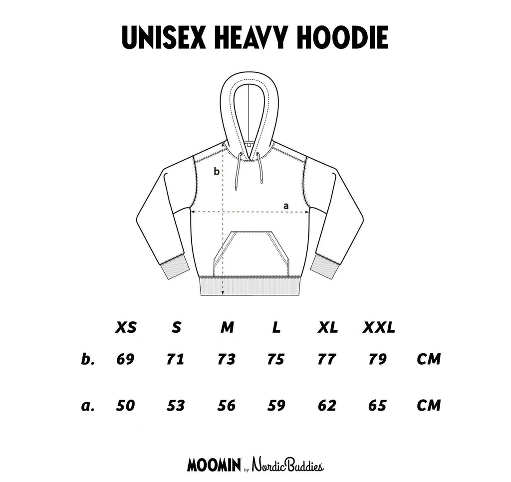 8. Size chart for Moomin by NordicBuddies unisex heavy hoodie, XS–XXL in cm