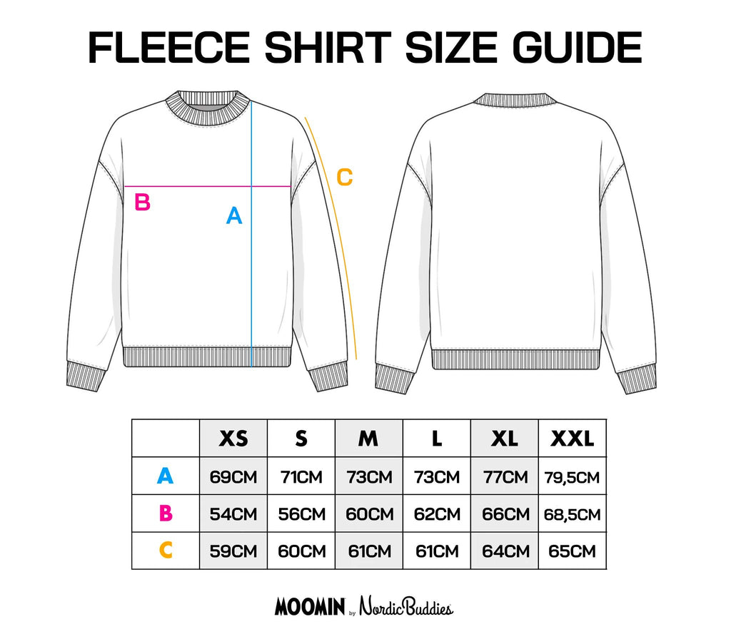 8. Size chart for Moomin by NordicBuddies fleece, showing measurements for XS to XXL