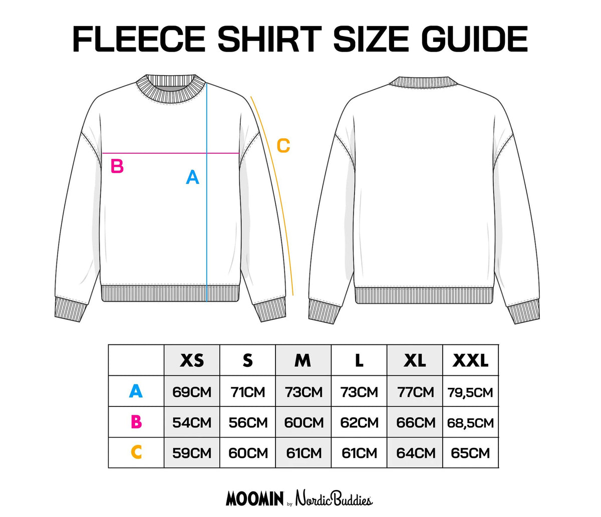 8. Size chart for Moomin by NordicBuddies fleece, showing measurements for XS to XXL