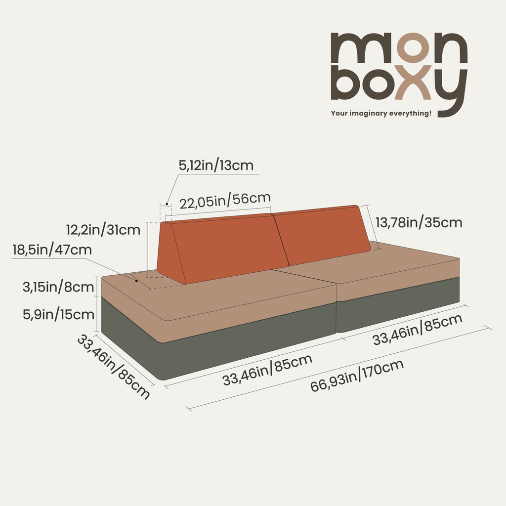 5. Size chart for Monboxy activity play mattress set showing dimensions in inches and centimeters