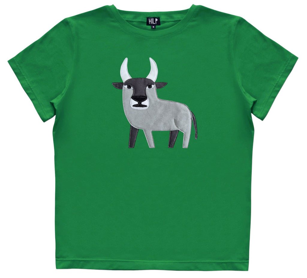 6. Women's Taurus T-shirt by HILP in green featuring bull design, studio shot