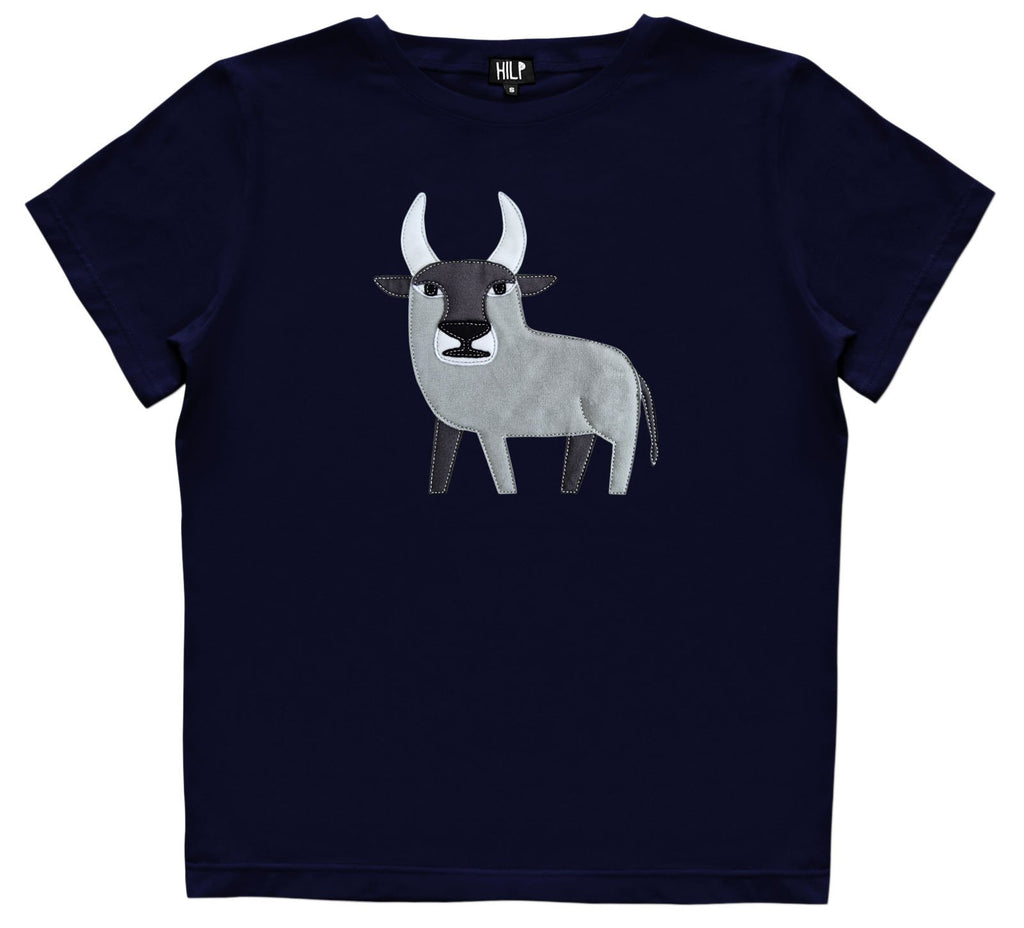 2. Women's Taurus T-shirt by HILP in navy blue featuring bull embroidery, studio shot