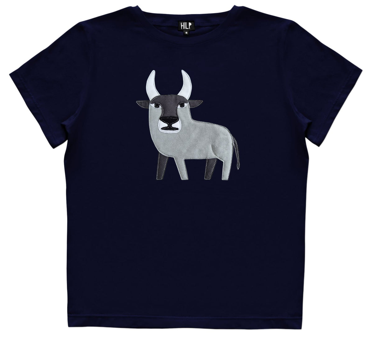 2. Women's Taurus T-shirt by HILP in navy blue featuring bull embroidery, studio shot