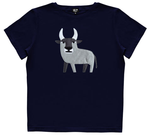 2. Women's Taurus T-shirt by HILP in navy blue featuring bull embroidery, studio shot