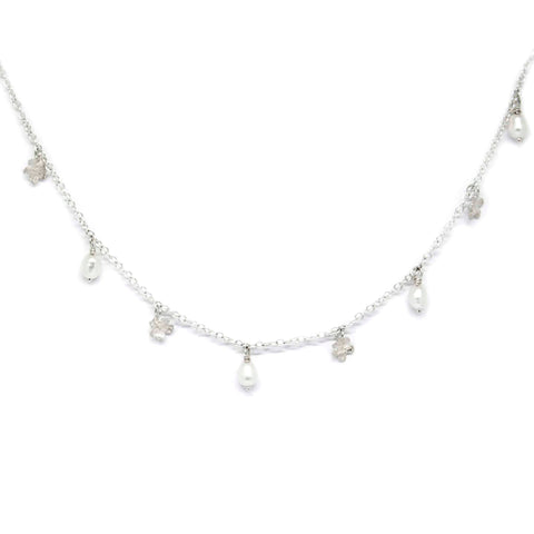 3. Flat lay of SPRING Myosotis Necklace with pearls and silver chain by Agnes Veski Jewellery