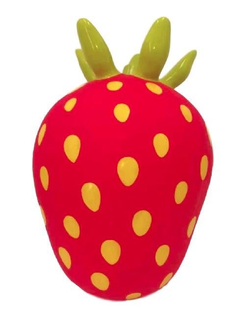 3. Close-up of red strawberry-shaped Jumpy toy with yellow spots and green leaves
