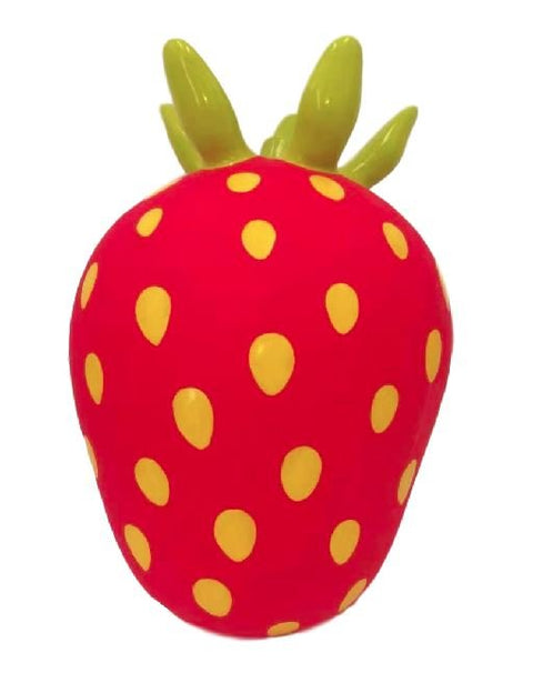 3. Close-up of red strawberry-shaped Jumpy toy with yellow spots and green leaves