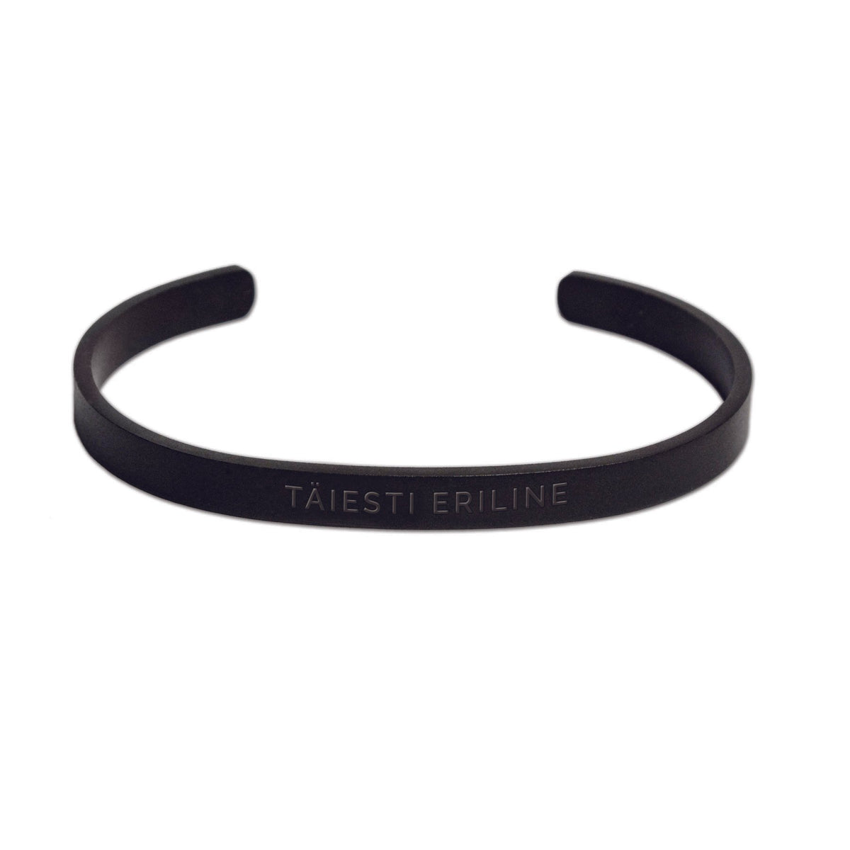 2. Matte black men's bracelet with 'TÄIESTI ERILINE' engraving on clean white background