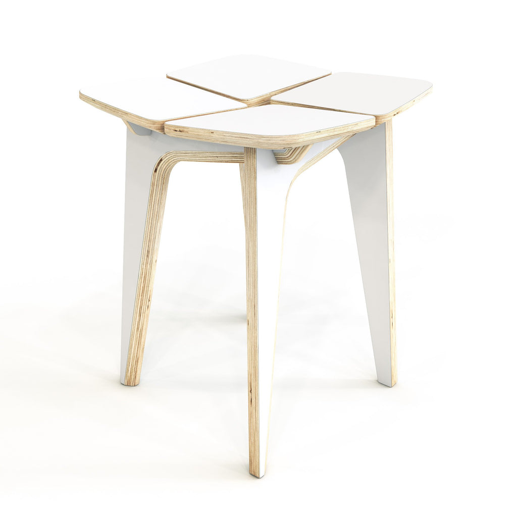 4. Front view of Woodpecker white wooden stool with sleek laminated plywood construction