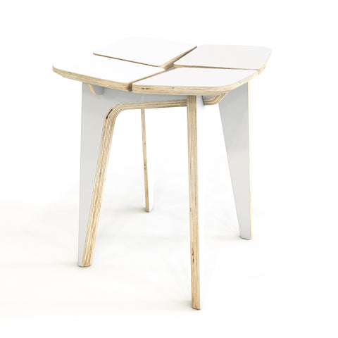 1. Woodpecker white wooden stool with laminated plywood legs in a studio setting