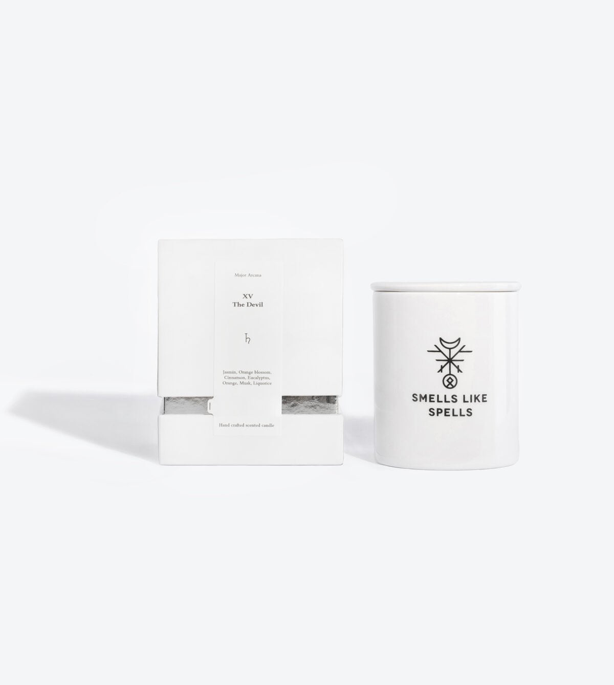2. Smells Like Spells Scented Candle THE DEVIL with packaging, showing product and box details, studio setting