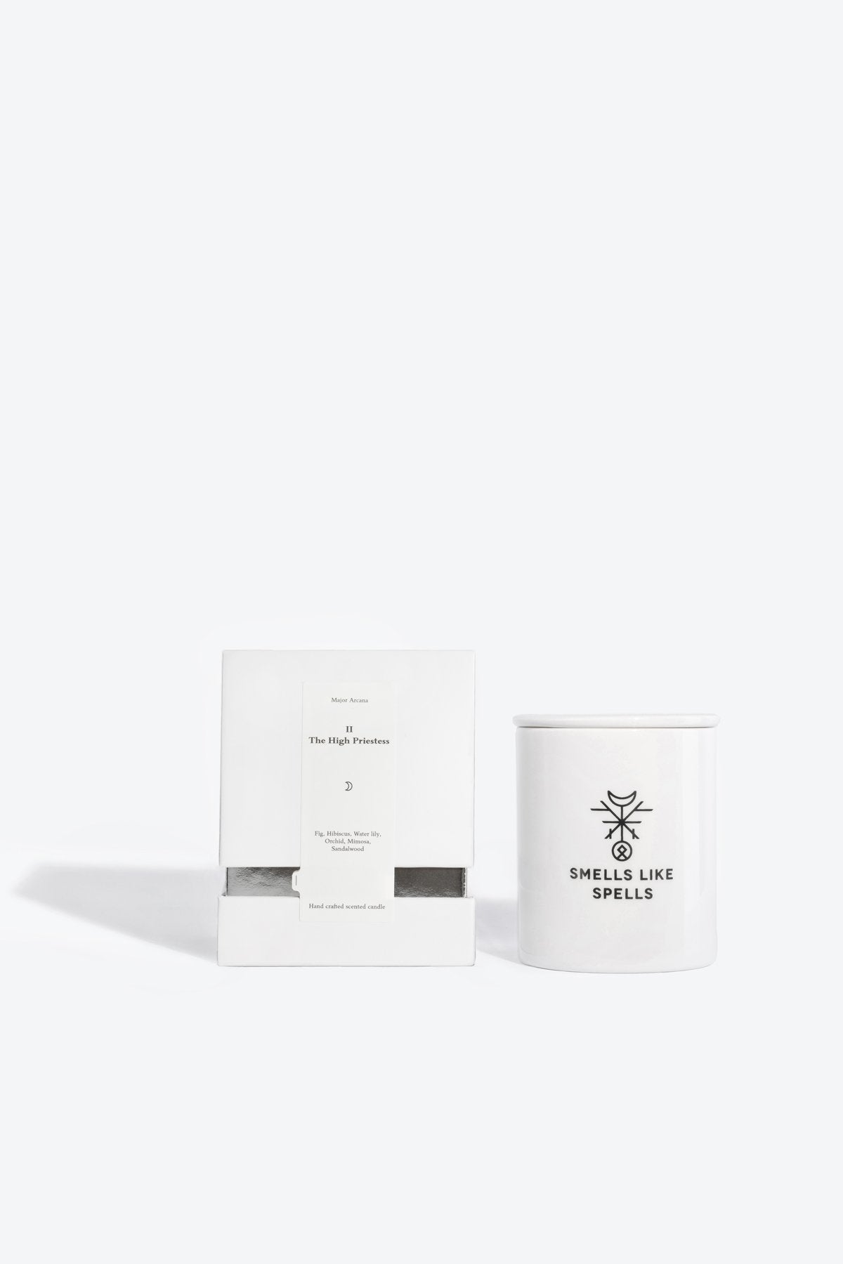 3. Smells Like Spells scented candle with packaging, highlighting The High Priestess theme