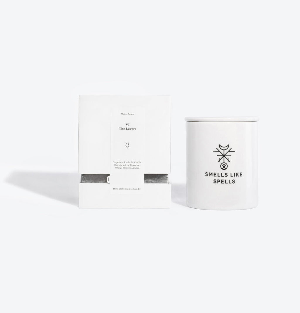 1. Smells Like Spells Scented Candle THE LOVERS with packaging, featuring hand-made porcelain container and tarot card