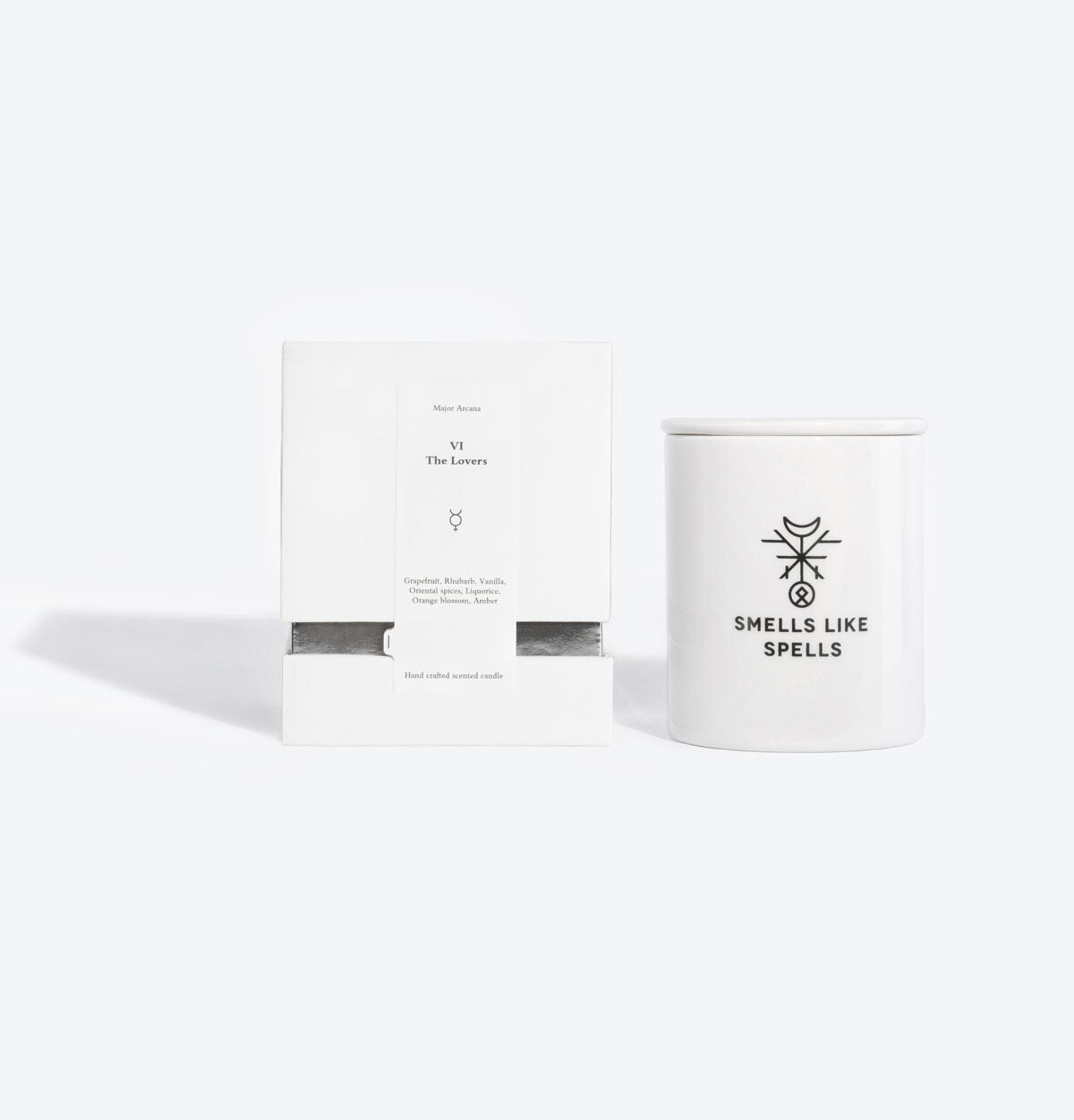 1. Smells Like Spells Scented Candle THE LOVERS with packaging, featuring hand-made porcelain container and tarot card