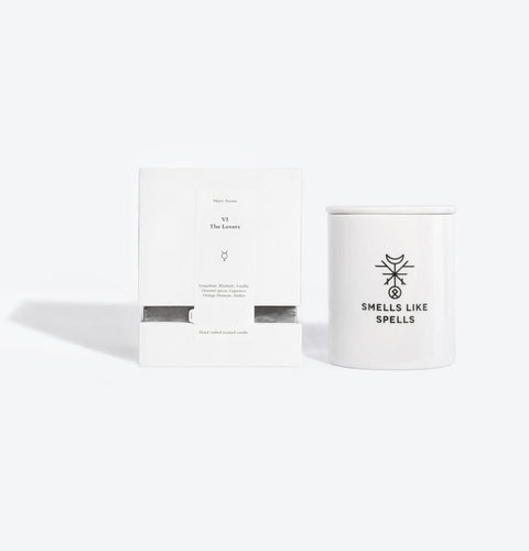 1. Smells Like Spells Scented Candle THE LOVERS with packaging, featuring hand-made porcelain container and tarot card