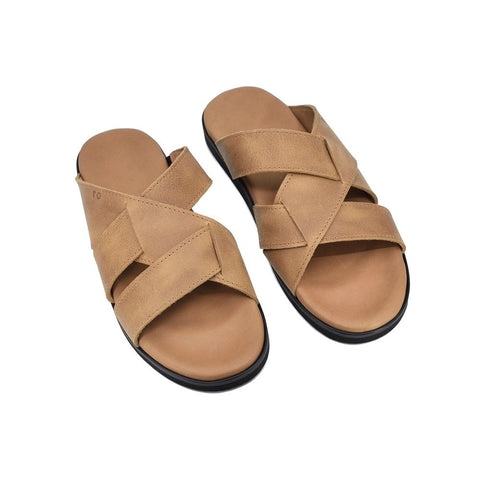1. Men's Helsinki sandals in brown leather with elastic side straps, shown in a flat lay view