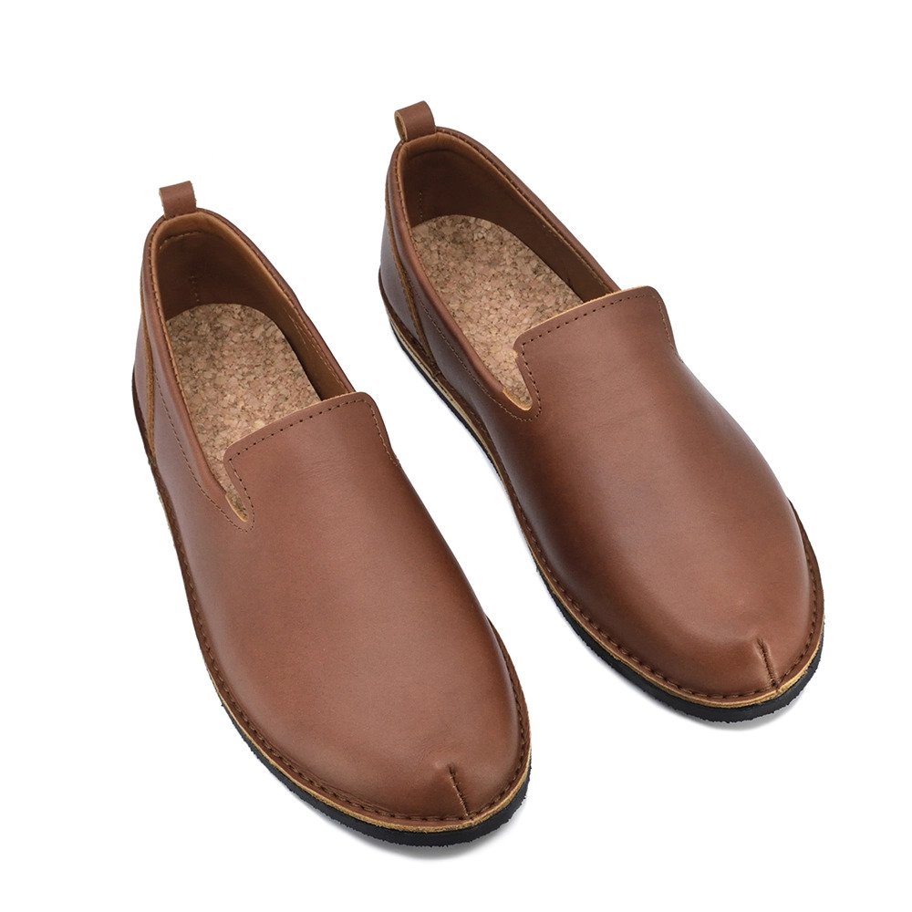 4. Studio image of Omaking London classic brown shoes in TOKU style, showing top view with cork insole