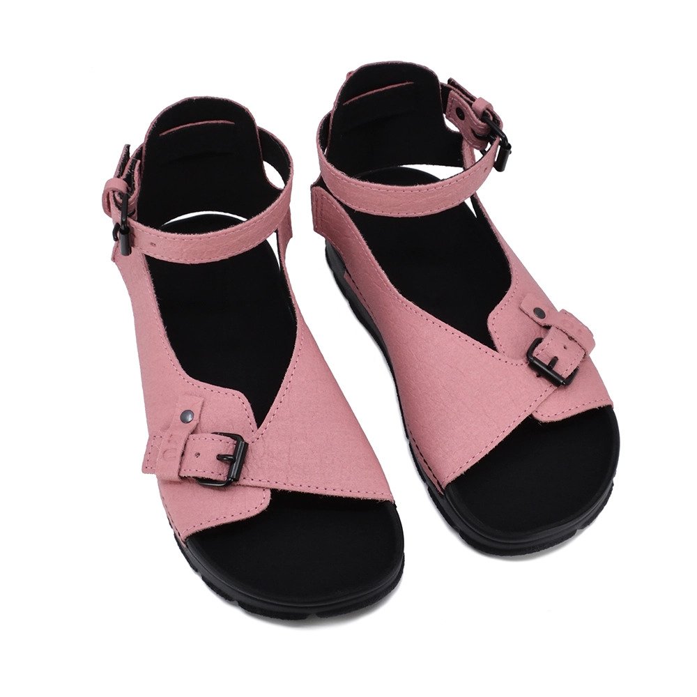 2. Studio image of women's pink TOKU Athens Vegan Sandals by Omaking, featuring adjustable ankle strap and closed heel