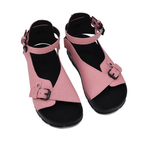 2. Studio image of women's pink TOKU Athens Vegan Sandals by Omaking, featuring adjustable ankle strap and closed heel