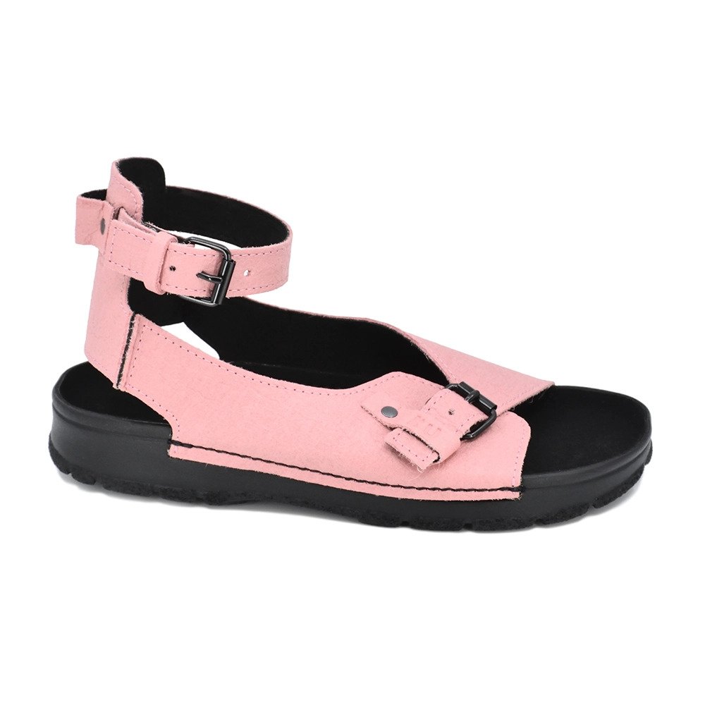 3. Side view of women's pink TOKU Athens Vegan Sandals by Omaking, highlighting Piñatex upper and durable outsole