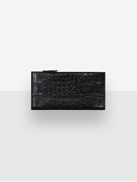 1. Classic Leather Wallet TAAL in Black Croco by Lava Flow, showcasing elegant crocodile texture in studio setting