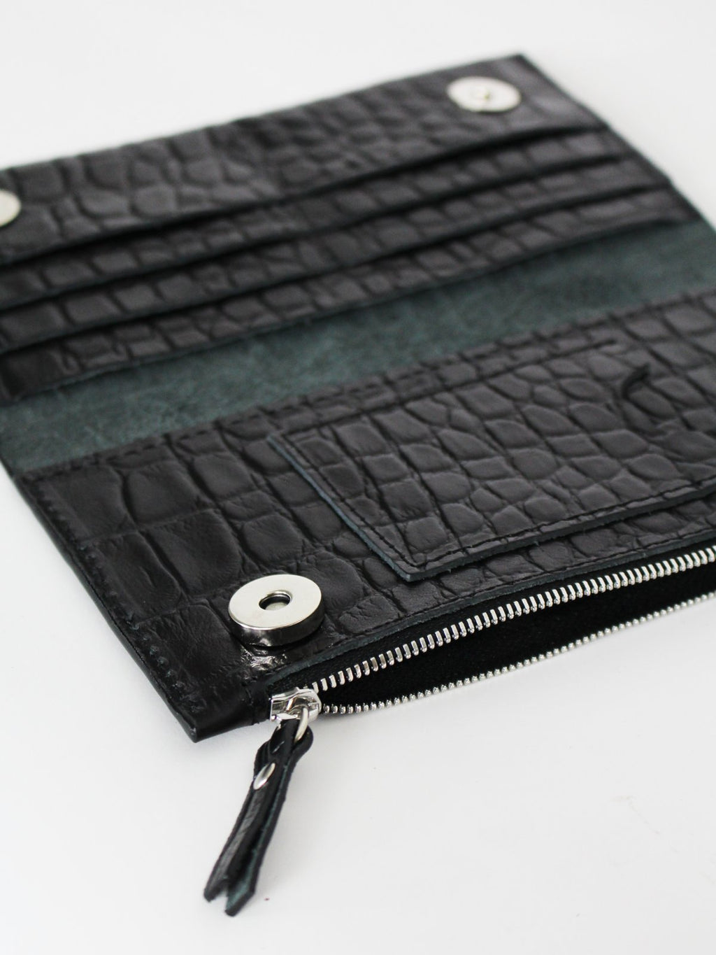 3. Interior view of Classic Leather Wallet TAAL in Black Croco, showing card compartments and zippered section